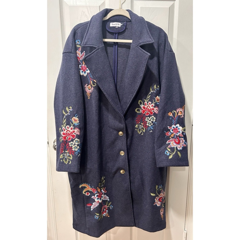 Time for Me Embroidered Floral Cardigan Duster Blue Floral Multi Large Cottageco